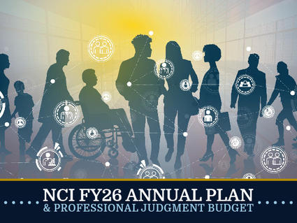 Illustration depicting a silhouette of ten people with different ages, backgrounds, and abilities in front of a centrally illuminated blue and red background. A connected series of people icons throughout the image represents data collected from individuals and groups.