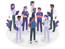 Drawing of diverse health care team standing with a person of color.